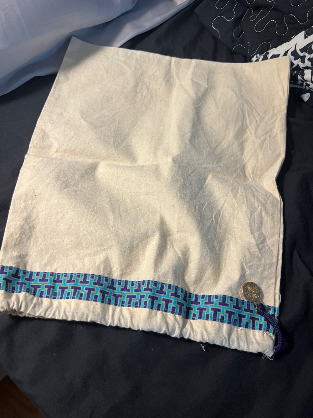 Tory Burch Cream Cloth Bag with Turquoise Trim and GoldTone Charm